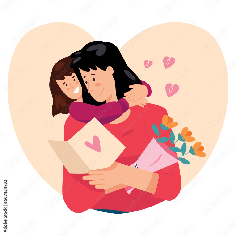 Mother and Child Embracing Mothers Day Color 2D Illustrations Mother and Child Embracing Mothers Day Color 2D Illustrations