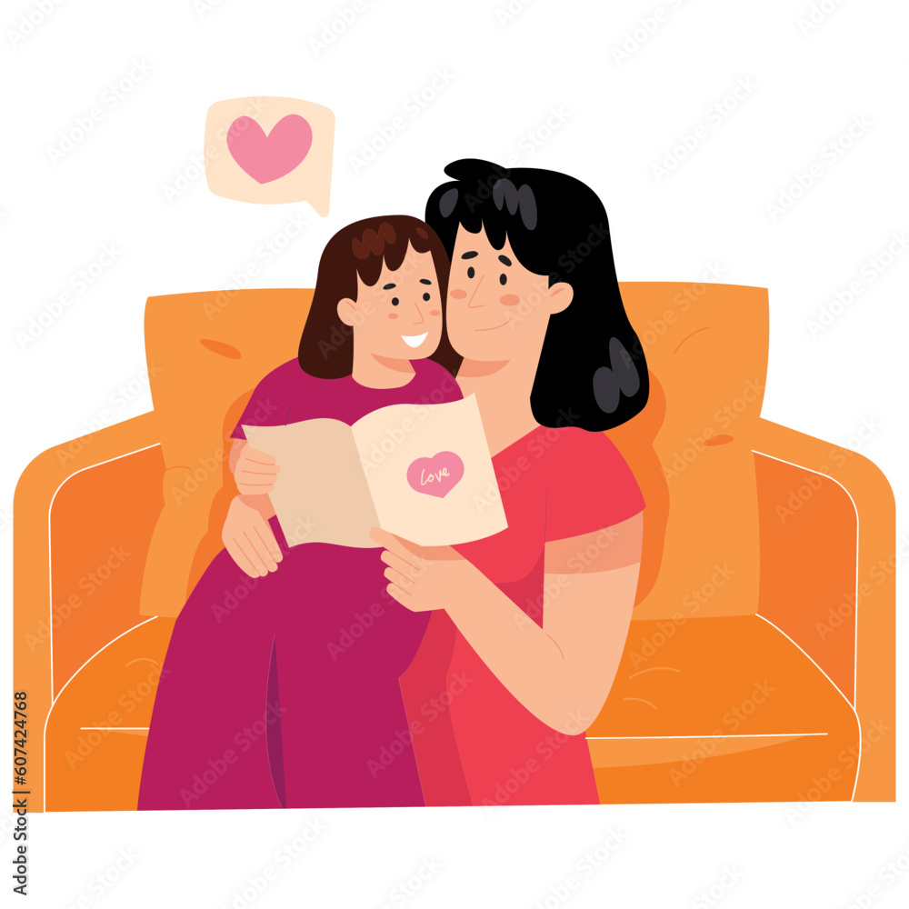 Mother Reading to Child Mothers Day Color 2D Illustrations Mother Reading to Child Mothers Day Color 2D Illustrations