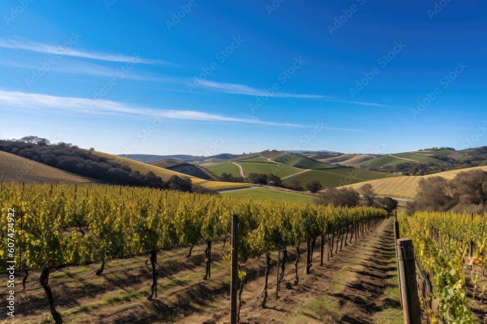 vineyard with rolling hills and blue skies in the background, created with generative ai
