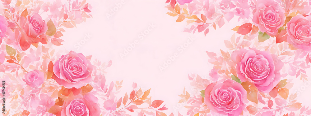 Background decorated with roses flowers and leaves on light abstract background. Template for fashion ads, horizontal poster and social media. Design for wallpaper, card, banner. Generative AI Background decorated with roses flowers and leaves on light abstract background. Template for fashion ads, horizontal poster and social media. Design for wallpaper, card, banner. Generative AI