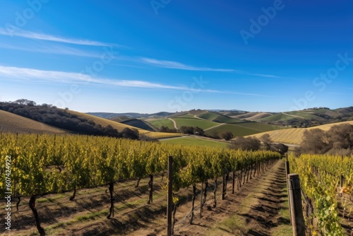 vineyard with rolling hills and blue skies in the background  created with generative ai