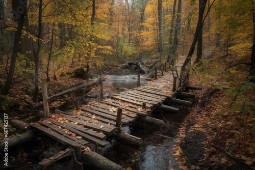 crossing a rickety wooden bridge over a babbling creek in autumn forest  created with generative ai