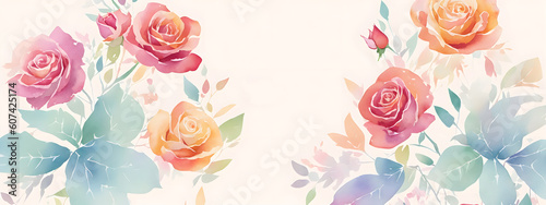 Background decorated with roses flowers and leaves on light abstract background. Template for fashion ads, horizontal poster and social media. Design for wallpaper, card, banner. Generative AI