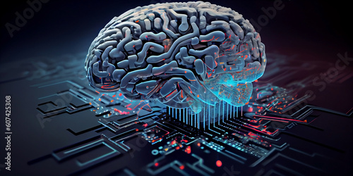 Glowing human electronic brain on an electronic circuit board. Generative AI