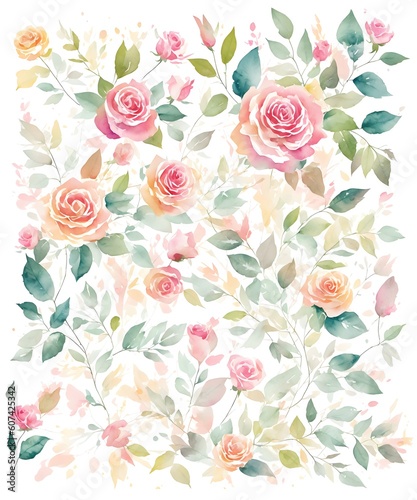 Background decorated with roses flowers and leaves on light abstract background. Template for fashion ads  horizontal poster and social media. Design for wallpaper  card  banner. Generative AI