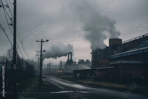 steam, smoke, and fumes billow forth from factory chimneys on a gray and gloomy day, created with generative ai © altitudevisual