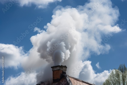 smoke billowing from the top of a chimney, rising into the sky, created with generative ai