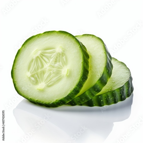 Slices of fresh cucumber isolated on white background. Fresh raw organic vegetable. Generative AI. photo