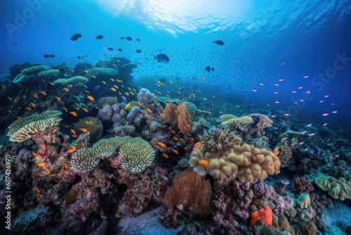 coral reef surrounded by schools of fish and other marine life, created with generative ai © altitudevisual