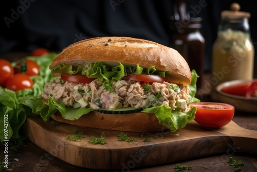classic tuna salad sandwich with fresh lettuce, ripe tomato, and crunchy dill pickle, created with generative ai