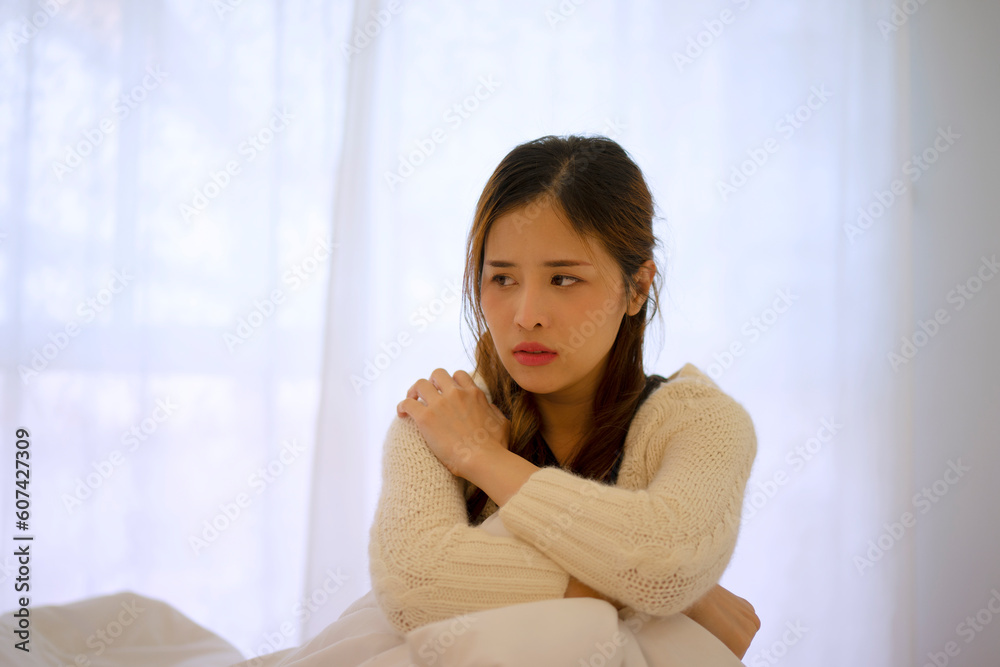 Pretty woman has emotional stress at bedroom. Pretty woman has emotional stress at bedroom.