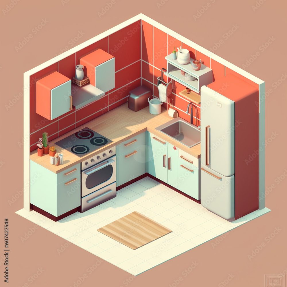 3D Isometric view of a kitchen using Generative AI