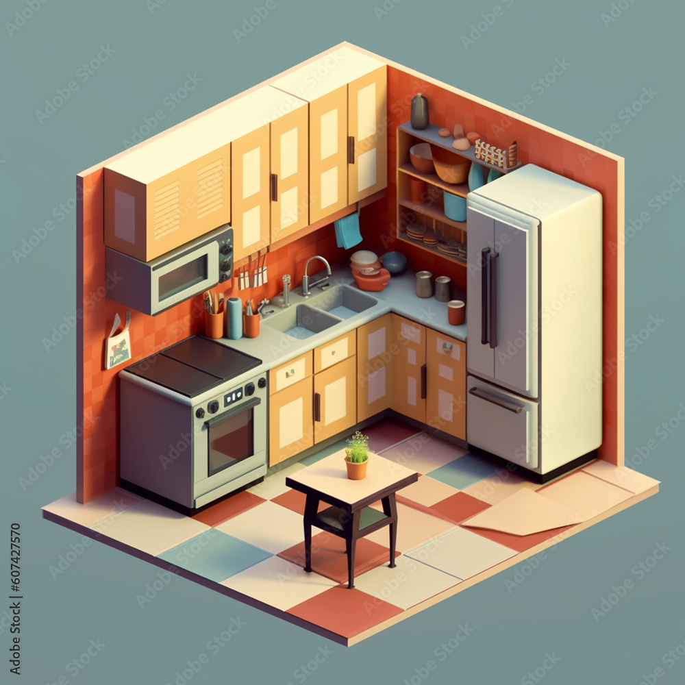 3D Isometric view of a kitchen using Generative AI 3D Isometric view of a kitchen using Generative AI