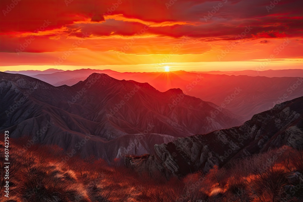 majestic mountain range, with the sun setting behind, and fiery reds and oranges in the sky, created with generative ai