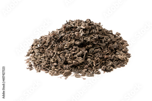 Dried tea leaves isolated on a white background.