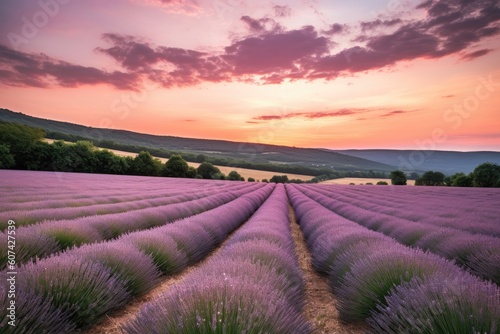 lavender field  with rolling hills and pastel sky in the background  created with generative ai