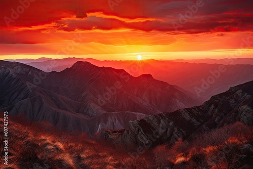 majestic mountain range, with the sun setting behind, and fiery reds and oranges in the sky, created with generative ai