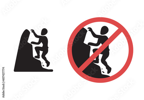 Climb and No Climbing or Hiking Extreme Sport Symbol Set. Mountain Cliff Activity Information Vector 