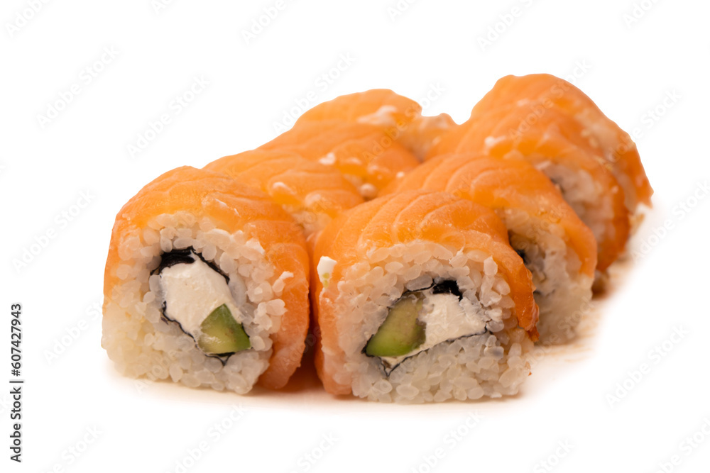 Sushi with cream cheese and salmon isolated on white background. Sushi with cream cheese and salmon isolated on white background.