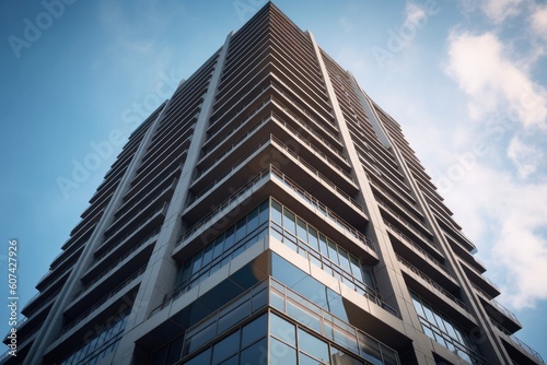 High-rise business architecture building with multiple floors and panoramic views, providing a prestigious and commanding presence in the urban landscape - Generative AI