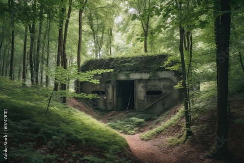 abandoned bunker in the forest  with trees and vegetation growing around it  created with generative ai