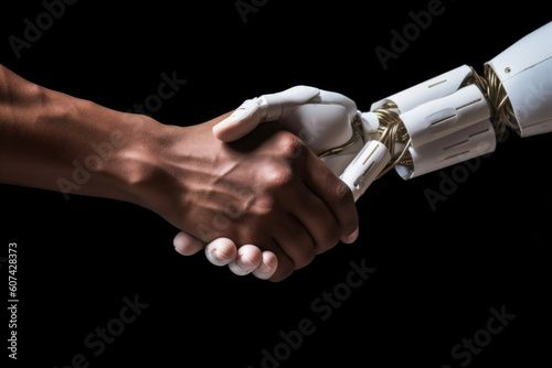 Collaboration with AI concept. Human hand shaking android human hand. AI generative