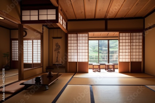 traditional japanese room with sliding screens and tatami flooring  created with generative ai