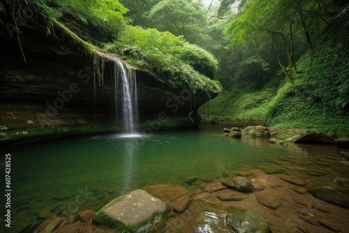 majestic waterfall, cascading over mossy rocks and into pristine pool, created with generative ai