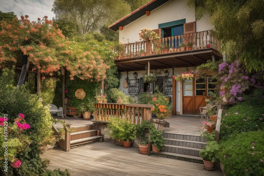 mediterranean house with lush garden, blooming flowers and wooden deck, created with generative ai