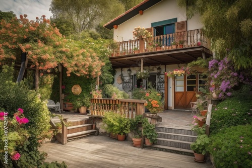 mediterranean house with lush garden  blooming flowers and wooden deck  created with generative ai