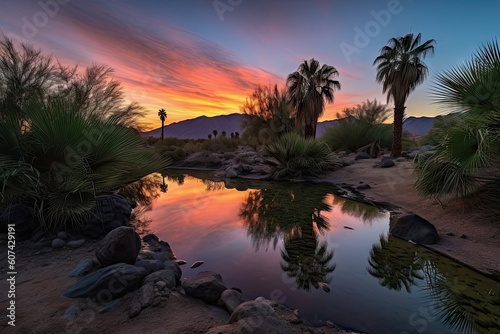 desert oasis  with vibrant sunset sky and silhouetted mountain range in the background  created with generative ai