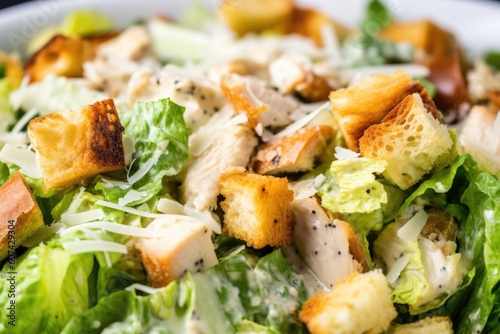 close-up of heaping chicken caesar salad, with croutons and dressing visible, created with generative ai