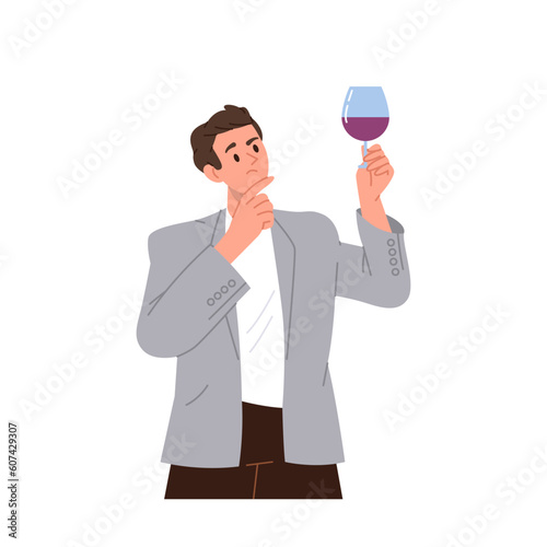 Man sommelier cartoon character holding wineglass tasting wine reviewing smell, flavor and quality