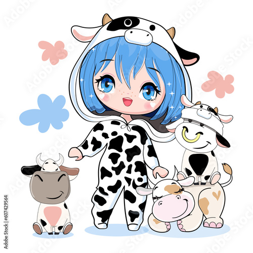 Cute cartoon anime girl in cow costume with little funny cows on a white background isolated. Vector illustration print for children t-shirt