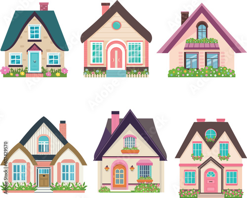 Vector decorative houses. Beautiful facade with flowers. Isolated on white background.