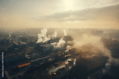 heavy smog hanging over busy industrial area  with smoke and steam rising from the factories  created with generative ai