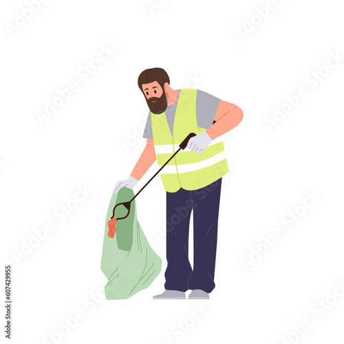 Male janitor collecting and sorting organic food waste for recycling isolated on white background
