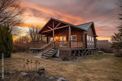cozy cabin retreat with wraparound porch, perfect for watching the sunset, created with generative ai © altitudevisual