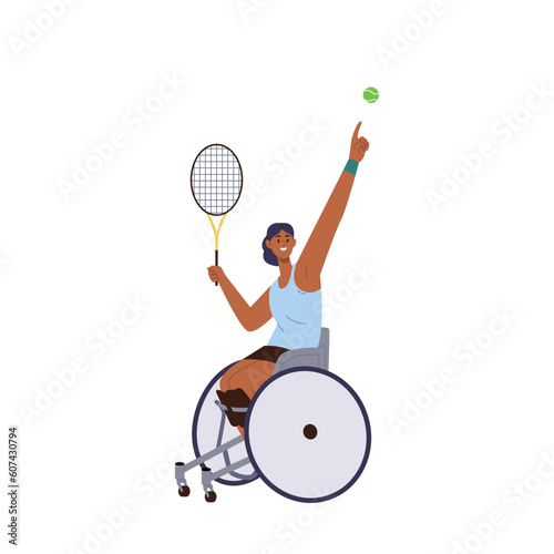 Young athletic woman having disability playing big tennis sitting in wheelchair vector illustration