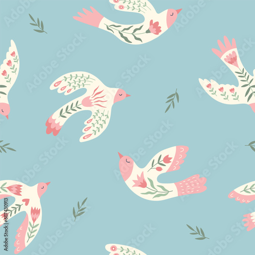 Vector seamless pattern with  birds  flowers  leaves in folklore style. Doves of peace. Doodle illustrations with stylized decorative floral elements. For textiles  clothing  bed linen.