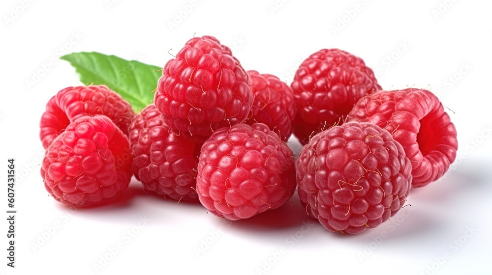 ripe raspberries isolated on white background close up. Generative AI ripe raspberries isolated on white background close up. Generative AI