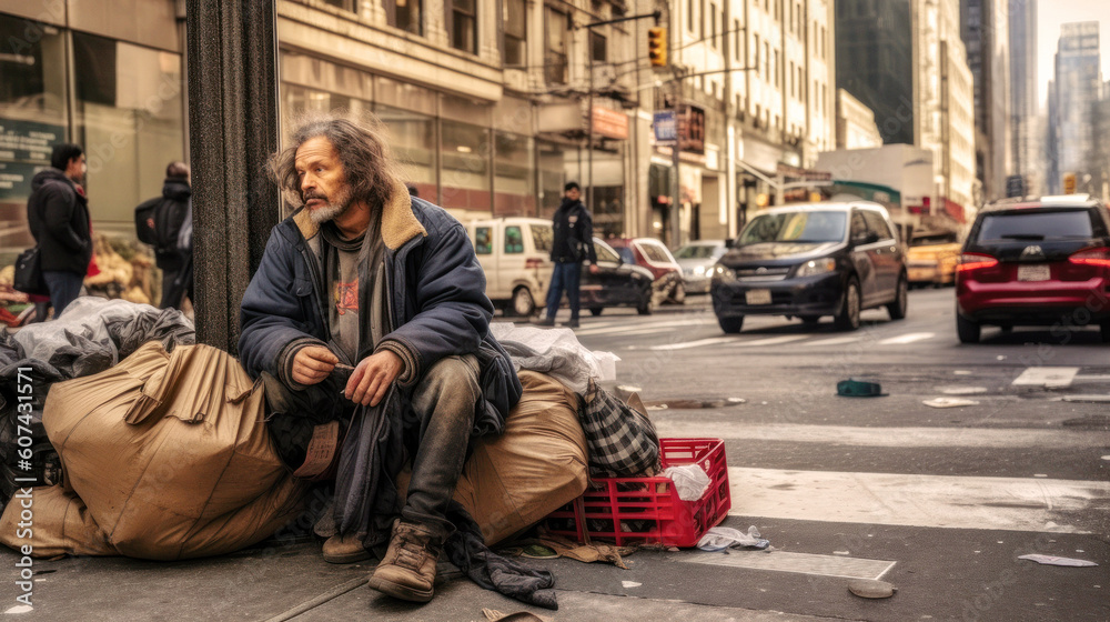 Fototapeta premium Within a photograph lies an untold tale of an American middle-class worker now a homeless silhouette .A testament to resilience amidst hardship, embody a raw narrative of dreams delayed.Generative AI