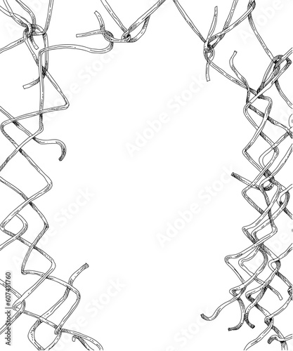 Hand drawn sketch torn iron mesh fence. Grunge style backgrounds. Vector art illustration. 