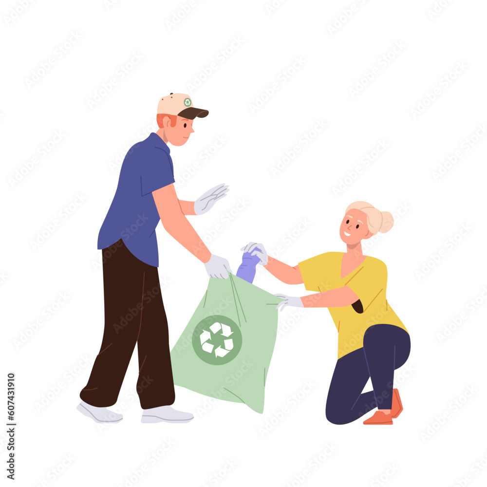 Grandmother and teenager grandson people character picking plastic waste into eco sack bag