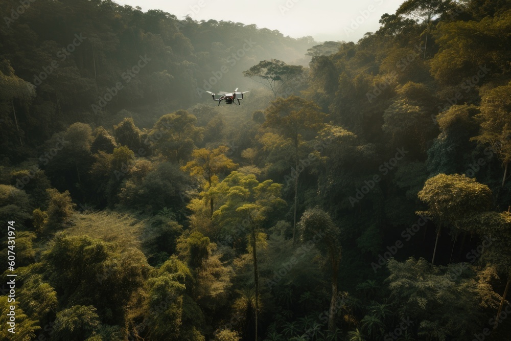 drone flying above dense forest, with a view of the towering trees and ...