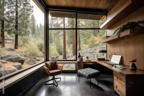 outdoorsy home office with view of mountains and forest, created with generative ai