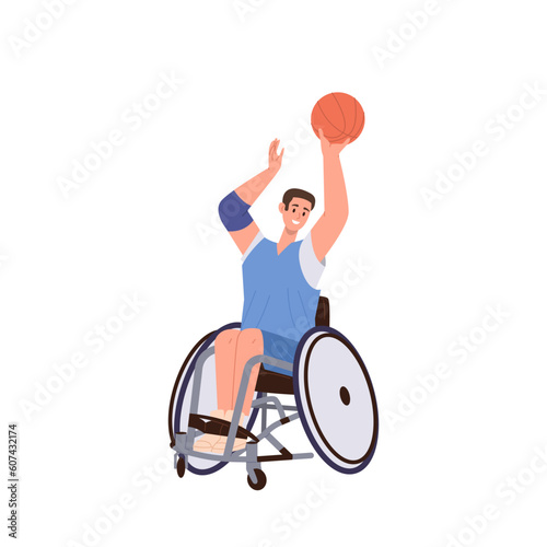 Young athletic man sitting in wheelchair playing basketball taking part in game match competition