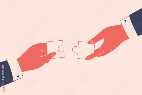 Human hands connect two parts of puzzle together. Business solutions and ideas. Teamwork and partnership concept. Vector illustration
