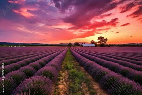 lavender field with dramatic sunset in the background, created with generative ai