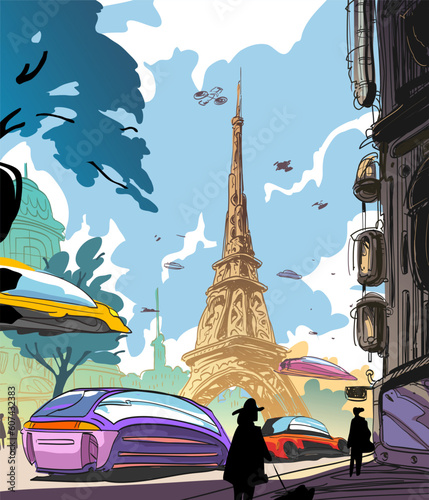 Paris fantastic city of the future. Concept art illustration. Sketch gaming design. Fantastic vehicles, trees, people. Hand drawn vector painting. 